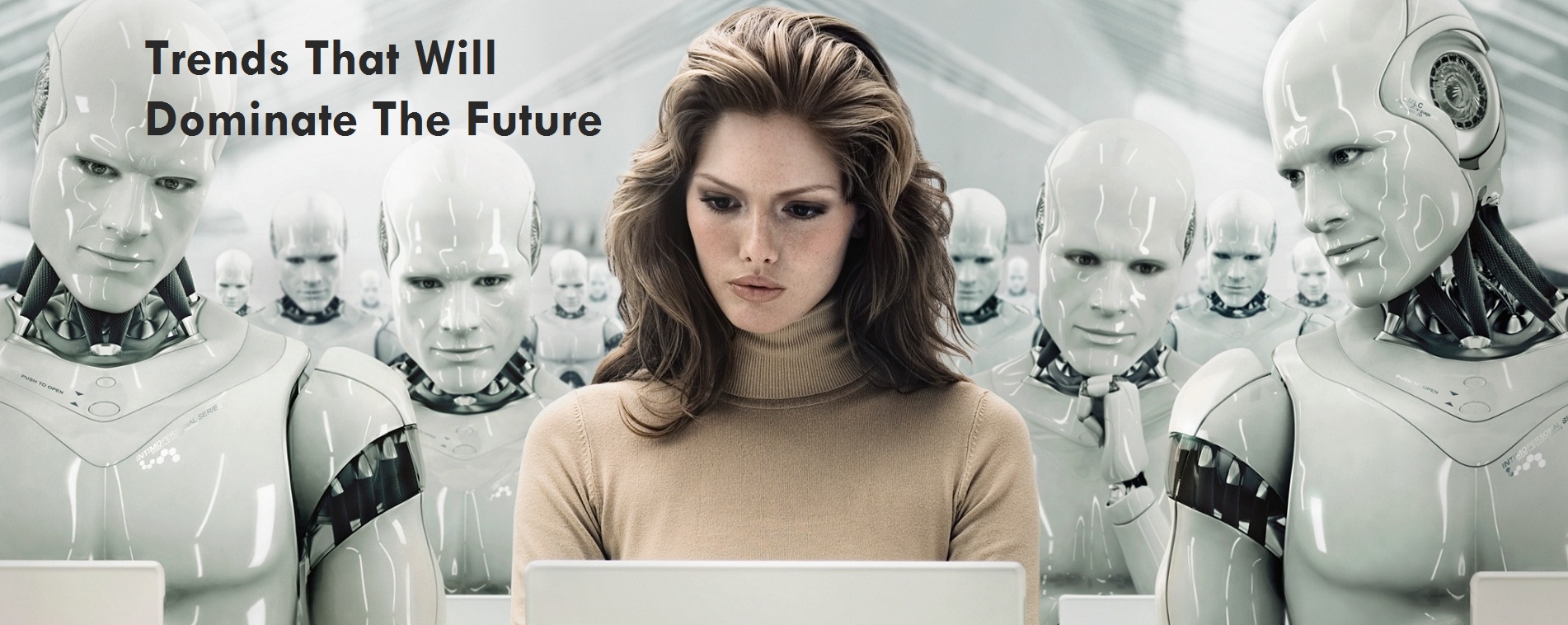 Businesswoman Surrounded by Robots